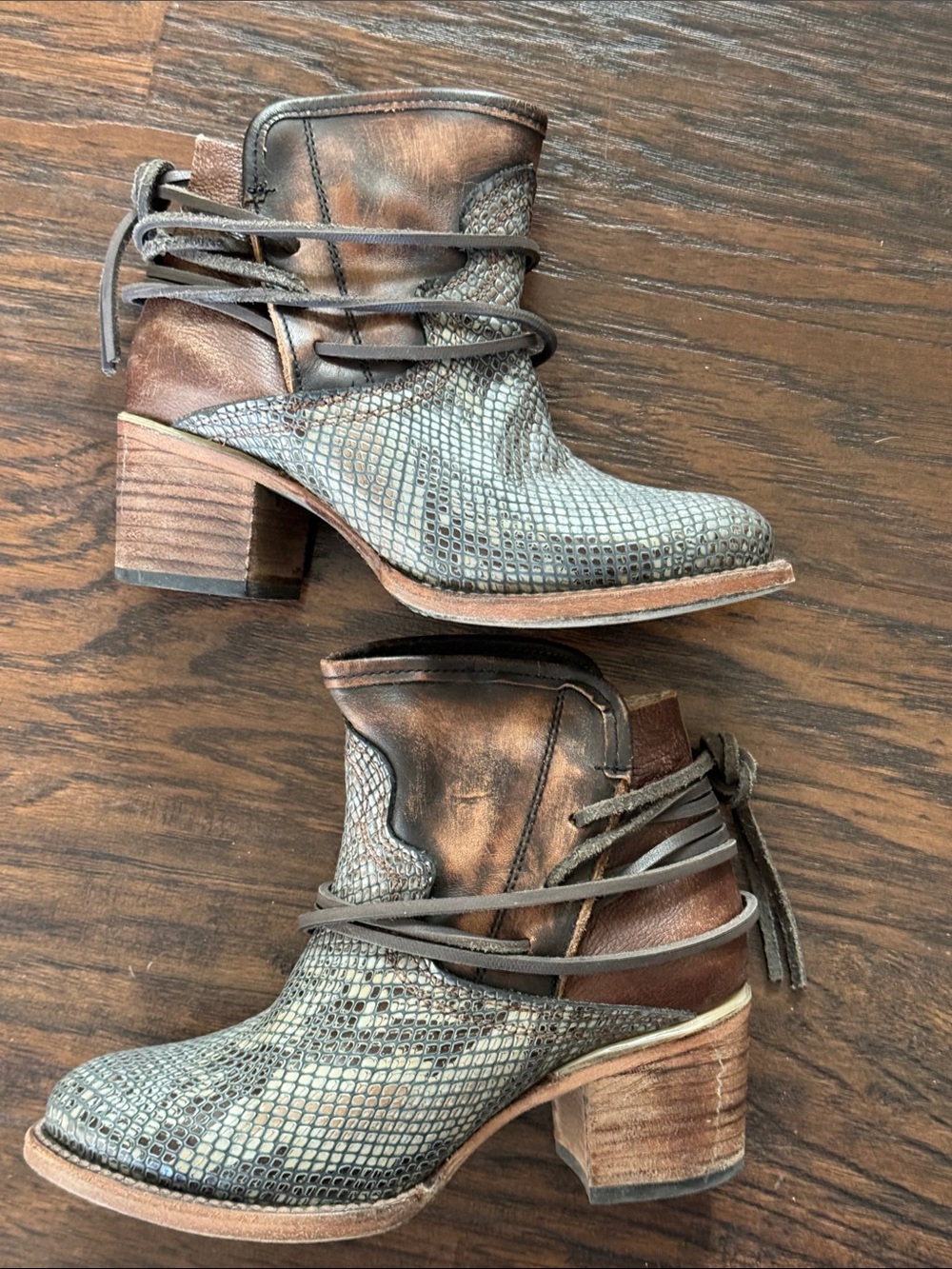 Freebird by Steven Metallic Gray and Distressed Brown Snake-Texture Ankle Boots - Picture 13 of 15